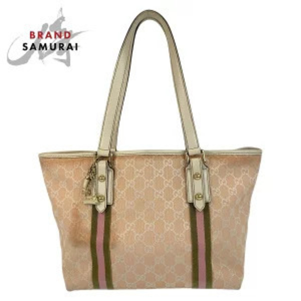 Gucci Sherry Tote Bag Shoulder Pink Ivory White GG Canvas Leather